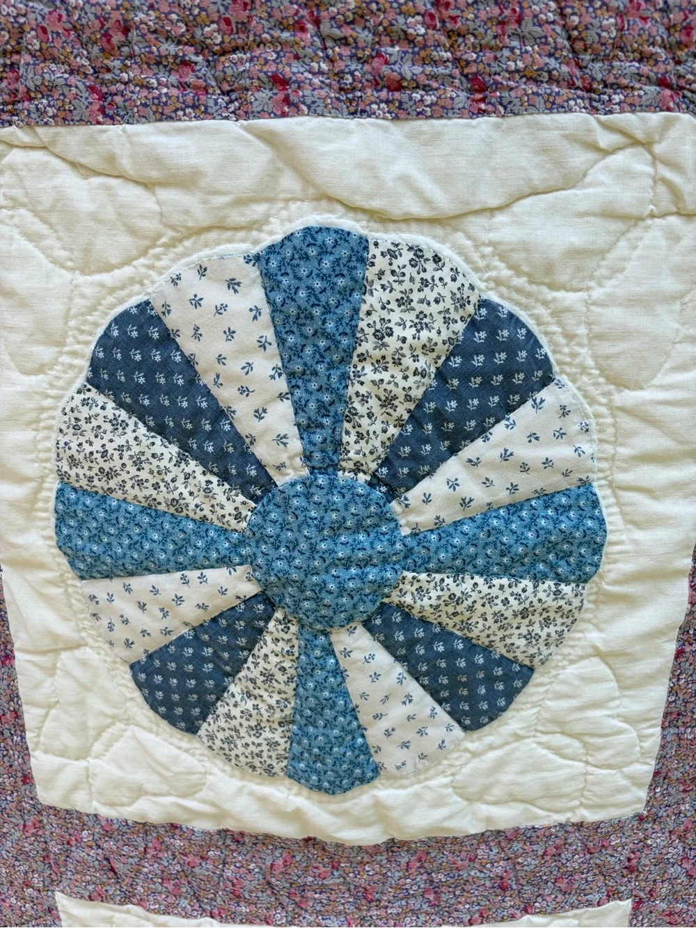 Vintage Handmade Dresden Plate Quilt - 84x85-Cottagecore Floral Patchwork Quilt